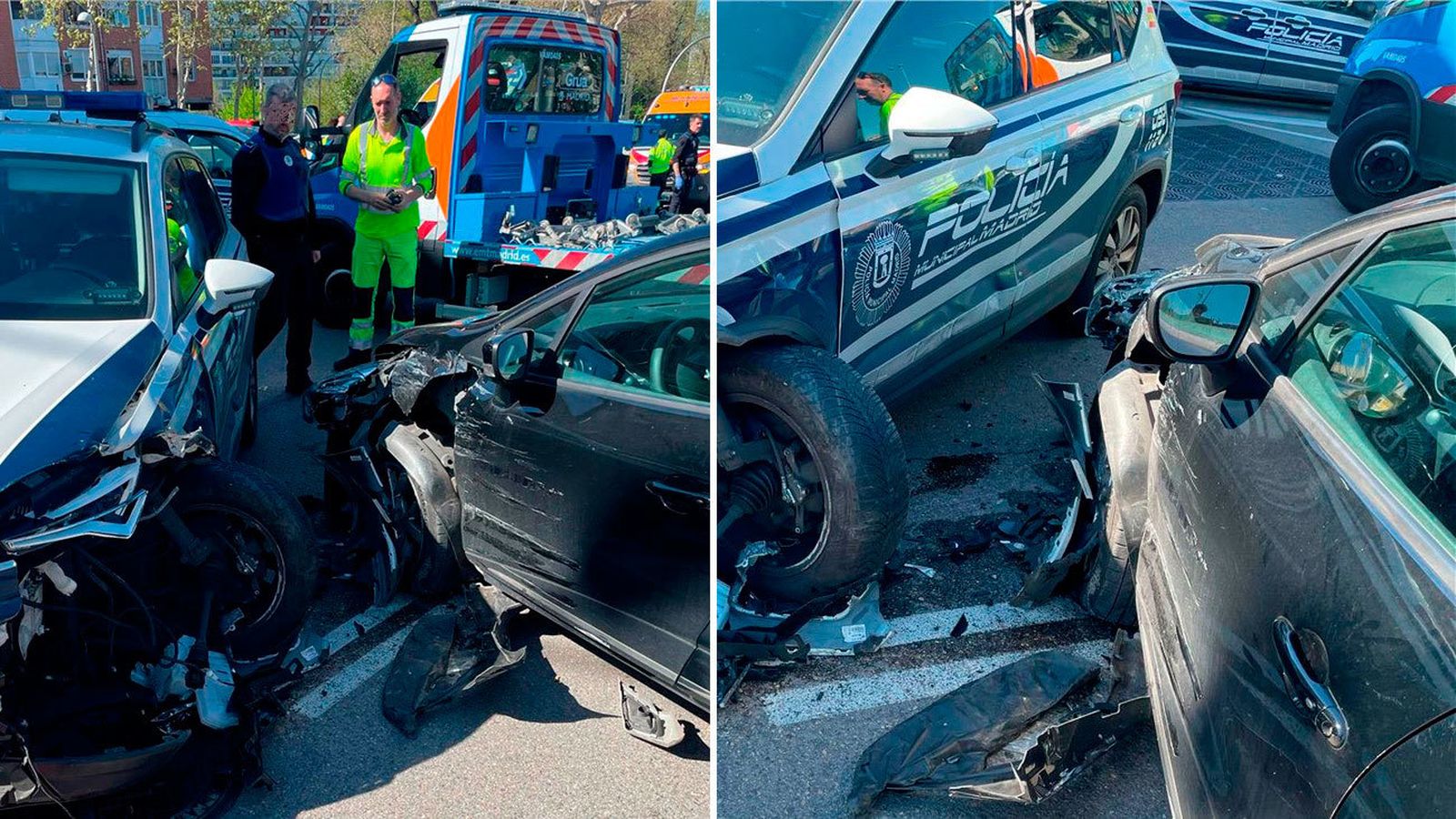 Choque-entre-un-coche-robado-y-un-vehículo-patrulla-de-la-policía-municipal-de-Madrid