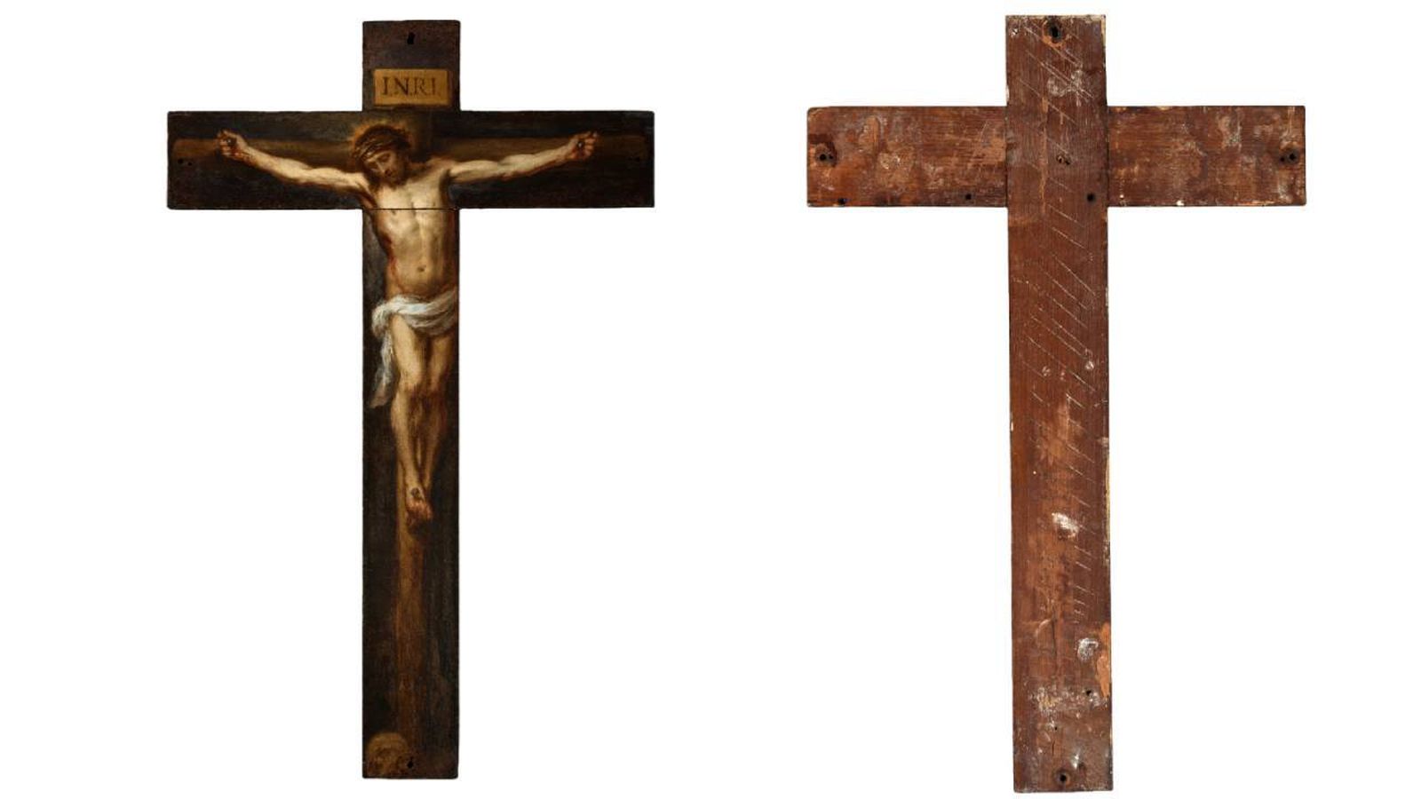 Parte delantera y trasera del 'Cristo en la cruz' de Bartolomé Esteban Murillo