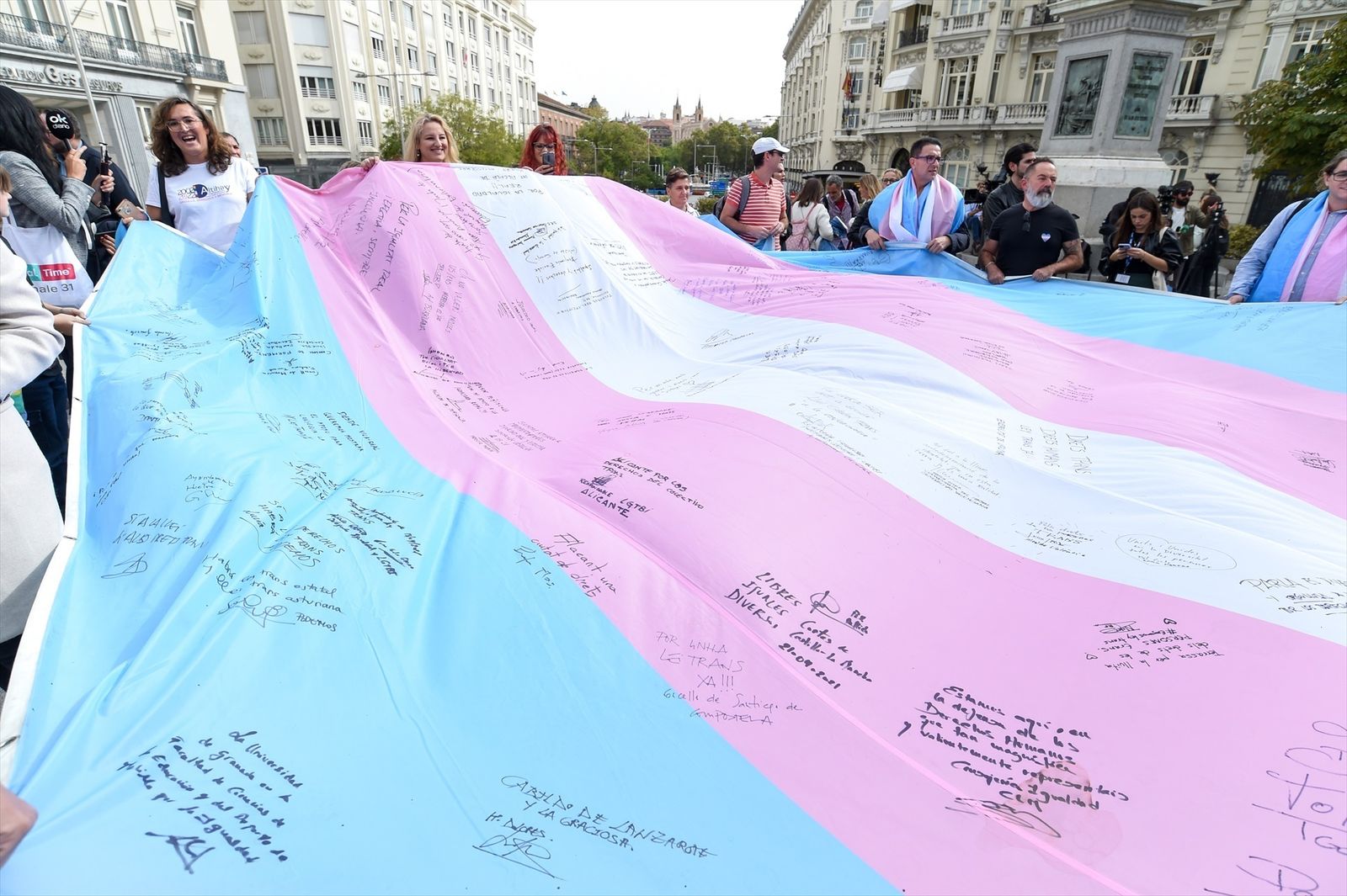 Varias personas sostienen la bandera trans frene al Congreso