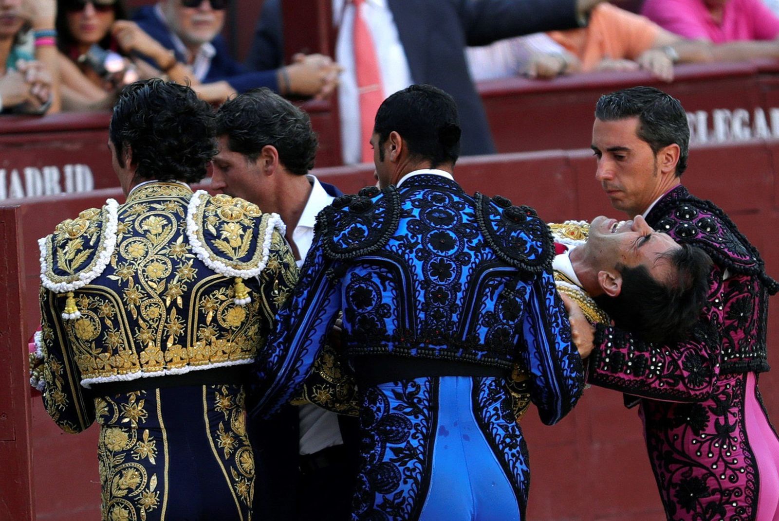 El matador de toros mexicano Arturo Macías es reirado por su cuadrilla tras sufrir una cogida en el desafío ganadero del mes de septiembre en Las Ventas