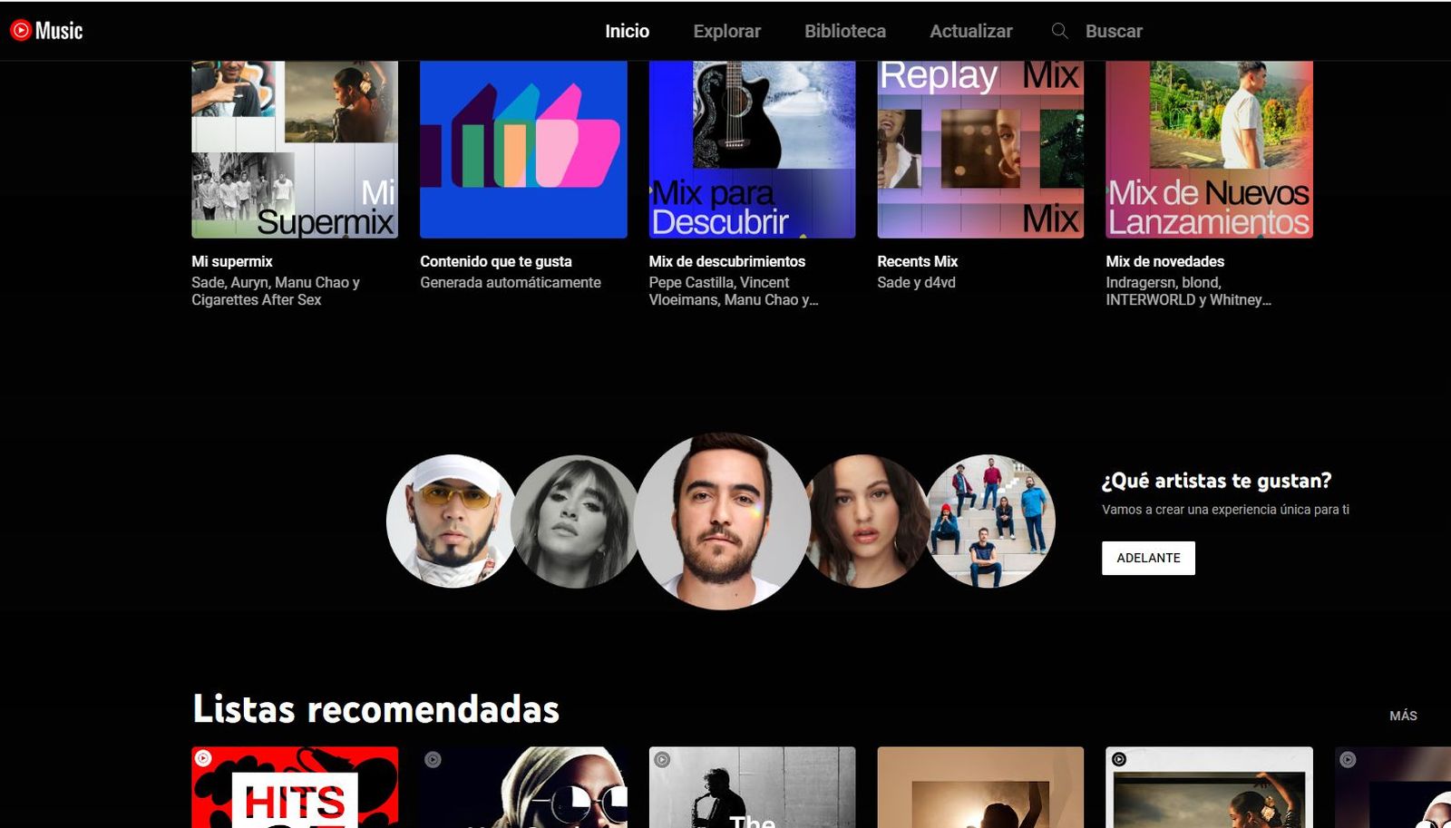 Una página de YouTube Music