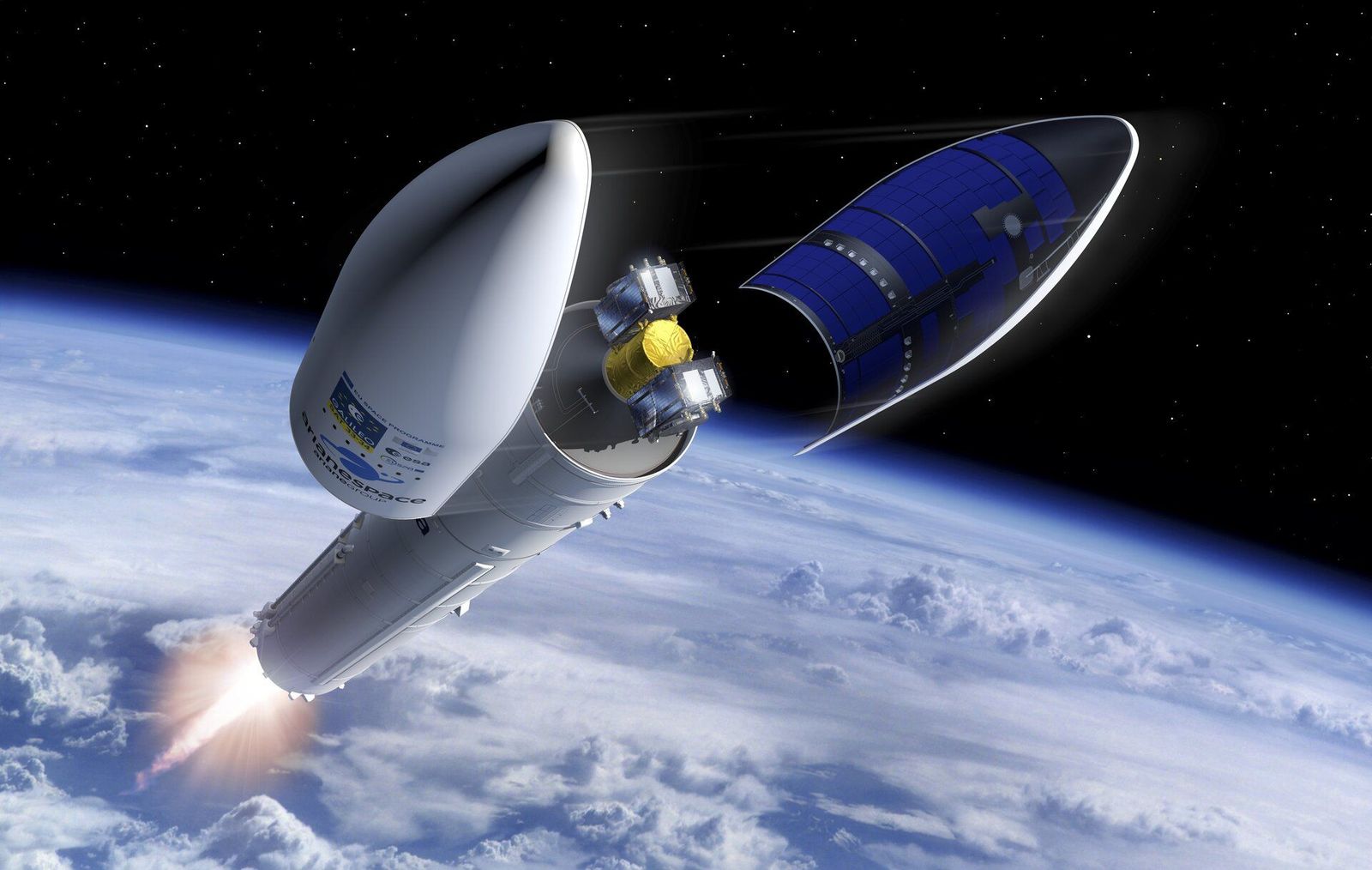 Ilustración de la apertura de la cofia del Ariane 6 para liberar los satélites de la constelación europea Galileo