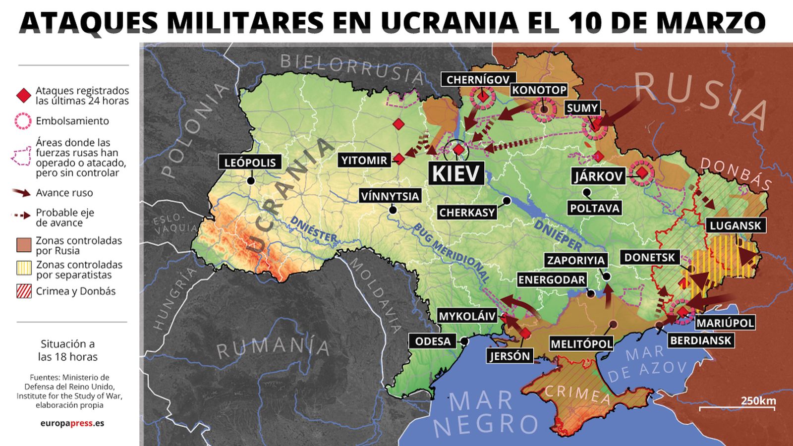 Mapa con ataques militares en Ucrania el 10 de marzo de 2022