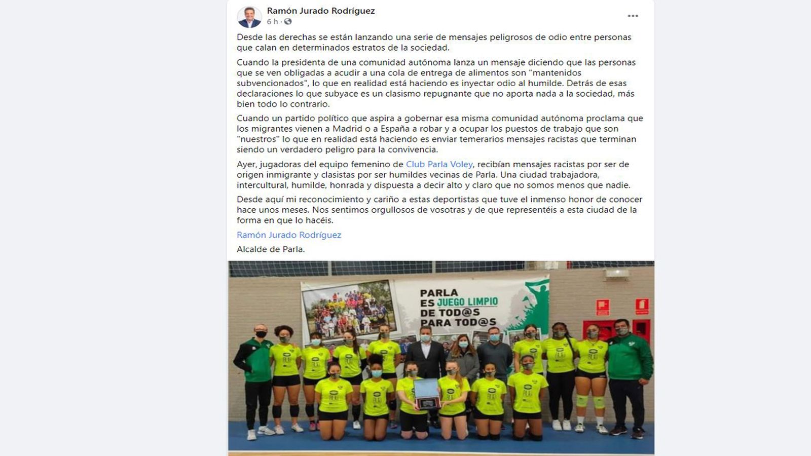 Publicación en Facebook de Ramón Jurado, alcalde de Parla