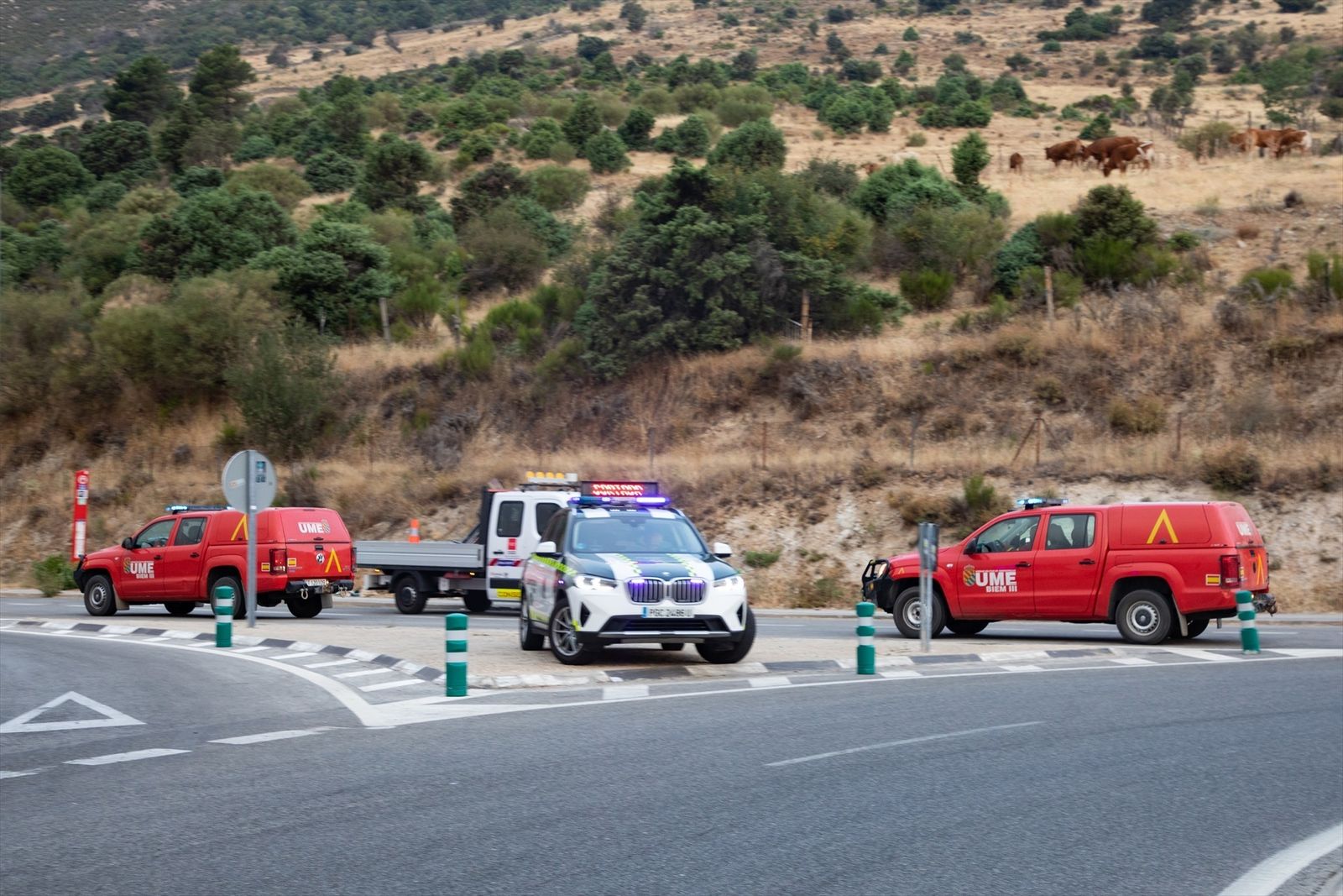 Intersección de una de las carreteras afectadas por los incendios en Robledo de Chavela