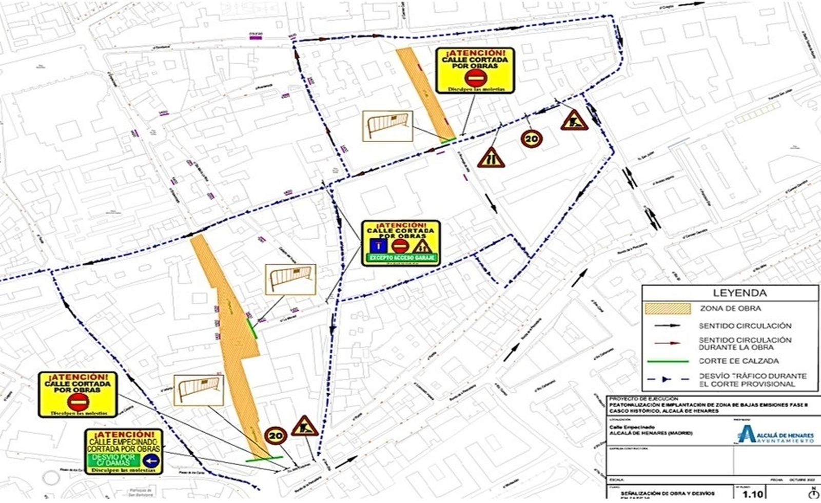 Cortes de tráfico en Alcalá por las obras de peatonalización e implantación de la ZBE en el casco histórico