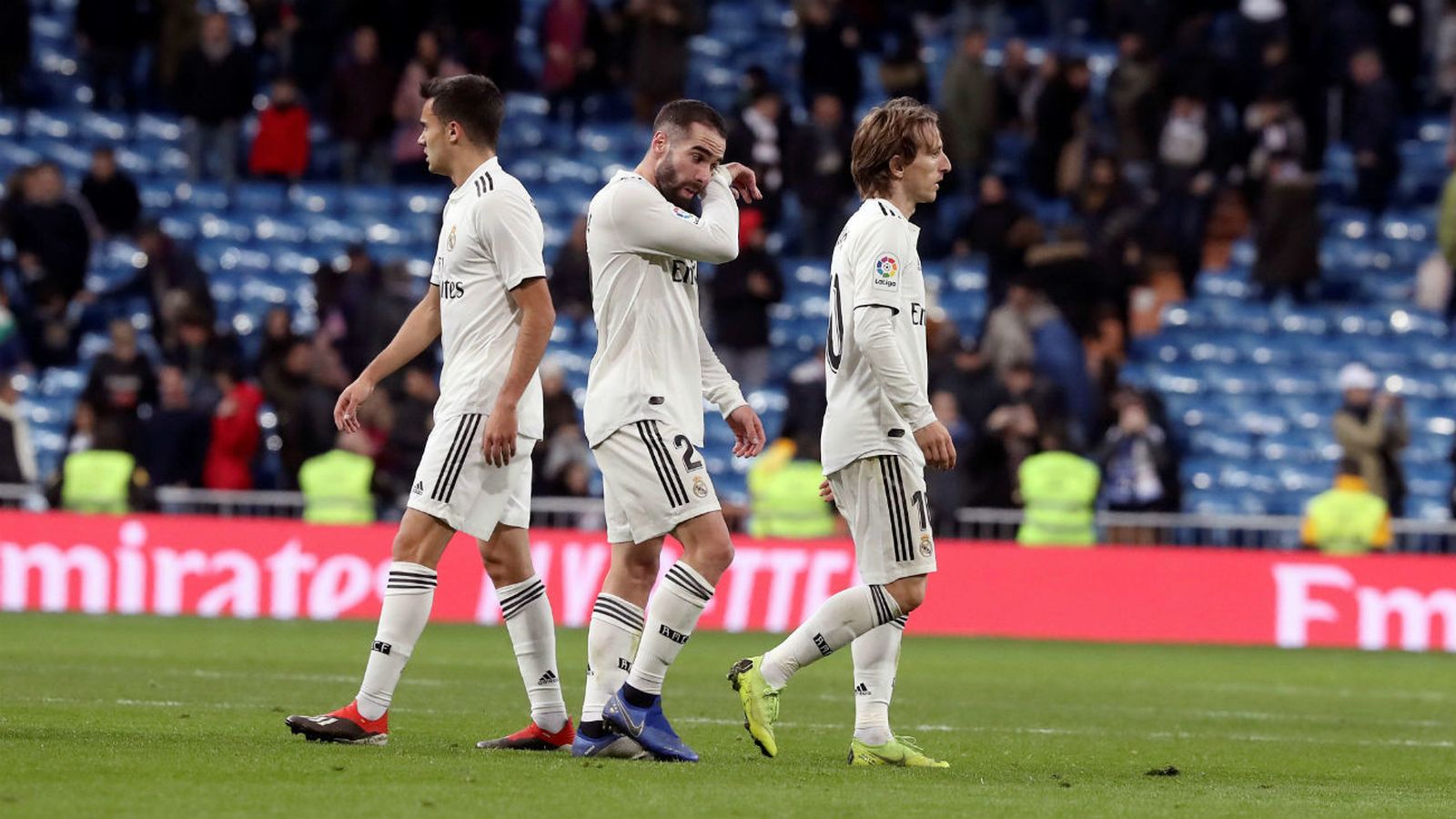 Los jugadores del Real Madrid Sergio Reguilón, Dani Carvajal y Luka Modric