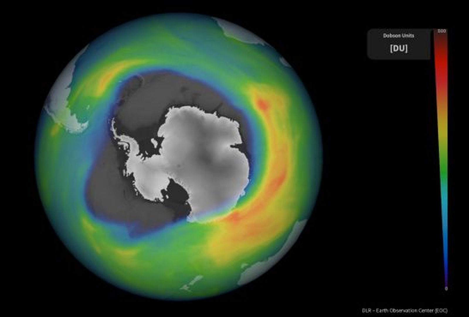 Imagen satélite procesada con la dimensión actual del agujero de la capa de ozono