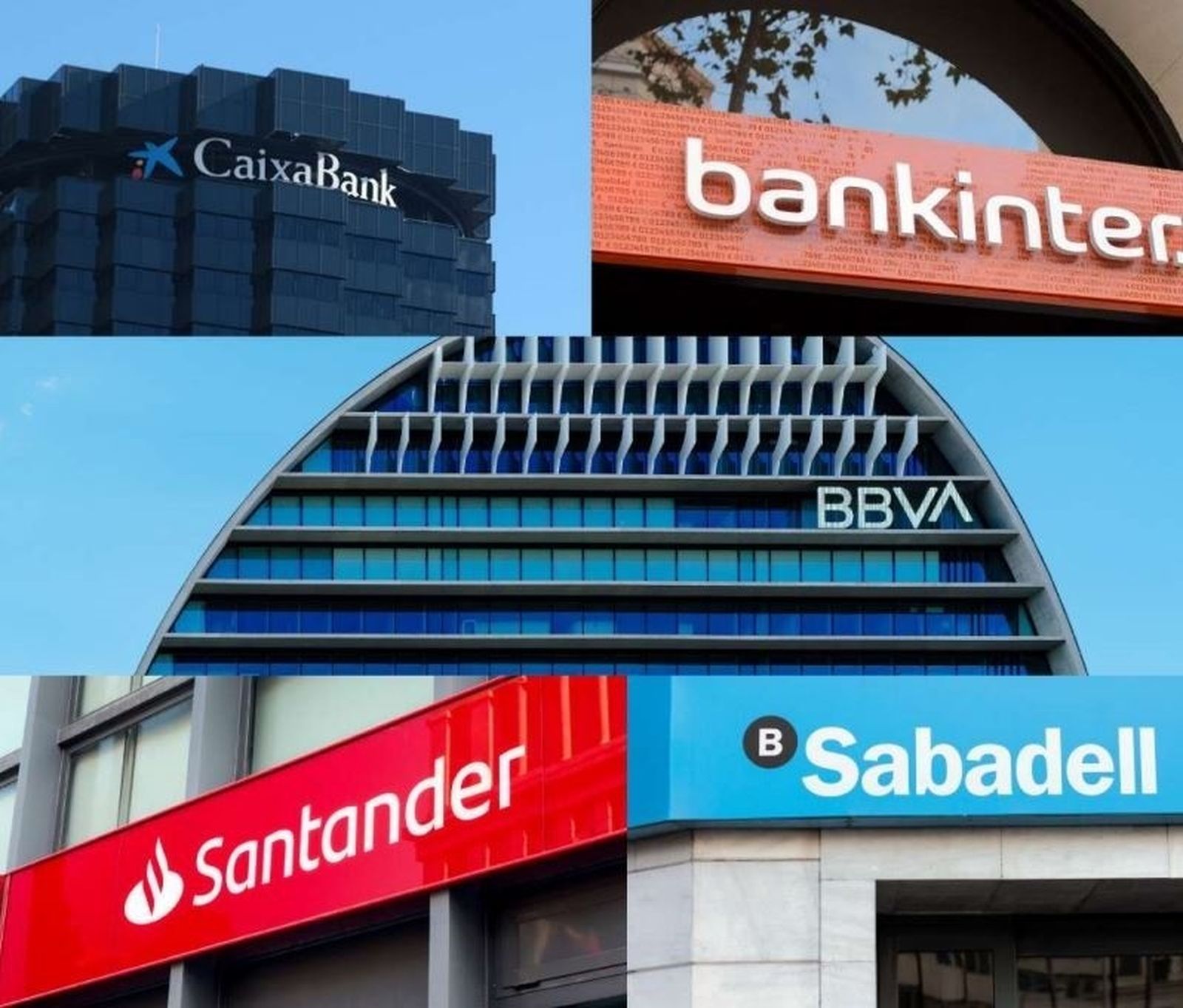 Logos de CaixaBank, Bankinter, BBVA, Santander y Sabadell