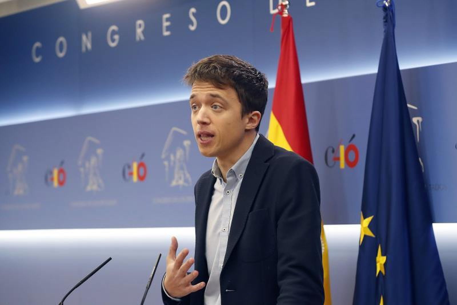 Íñigo Errejón, durante la rueda de prensa en la que anunció al grupo de Unidos Podemos en el Congreso que abandona el escaño.