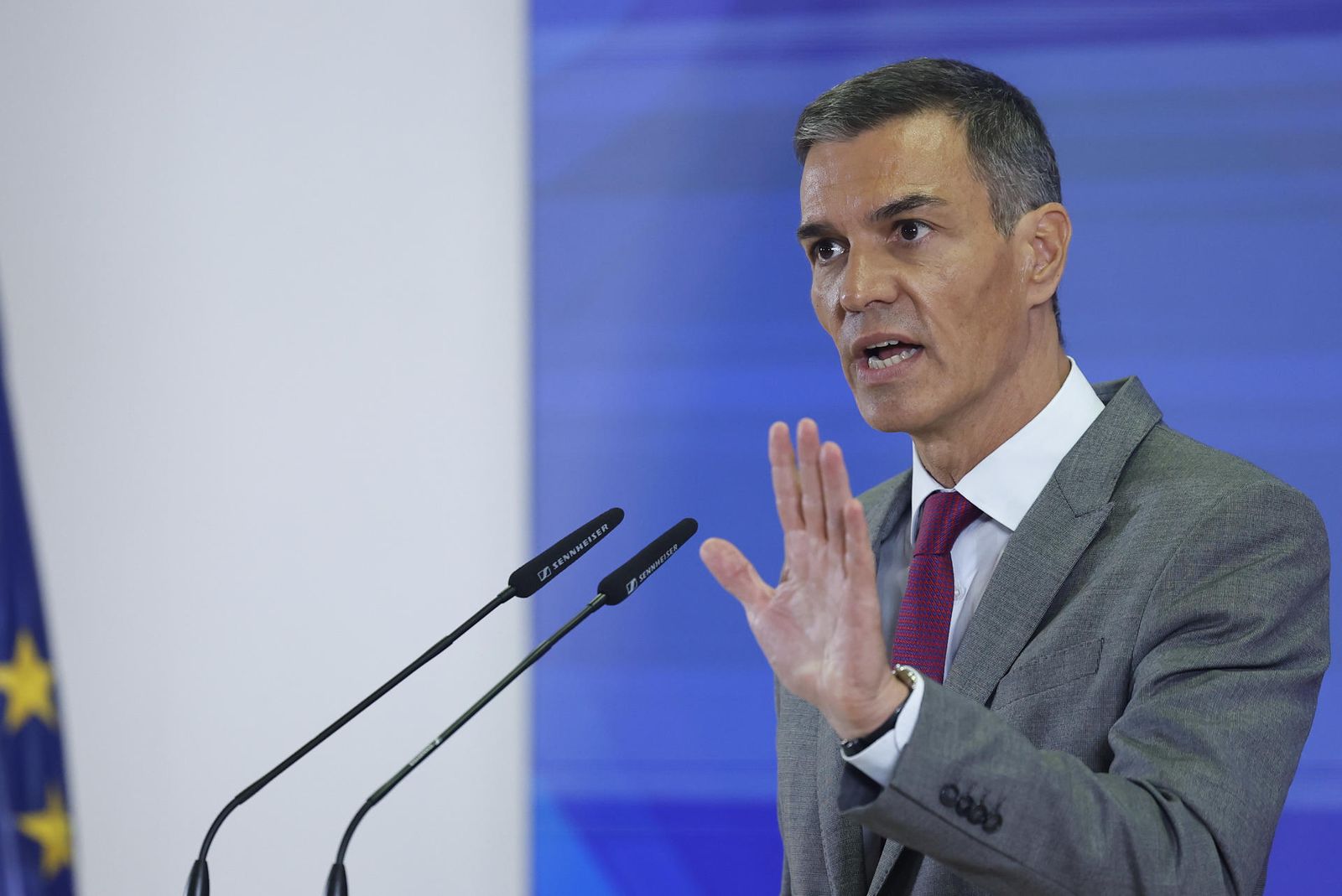 El presidente del Gobierno, Pedro Sánchez, durante la clausura del acto 'Por un pacto de Estado frente a la emergencia climática'