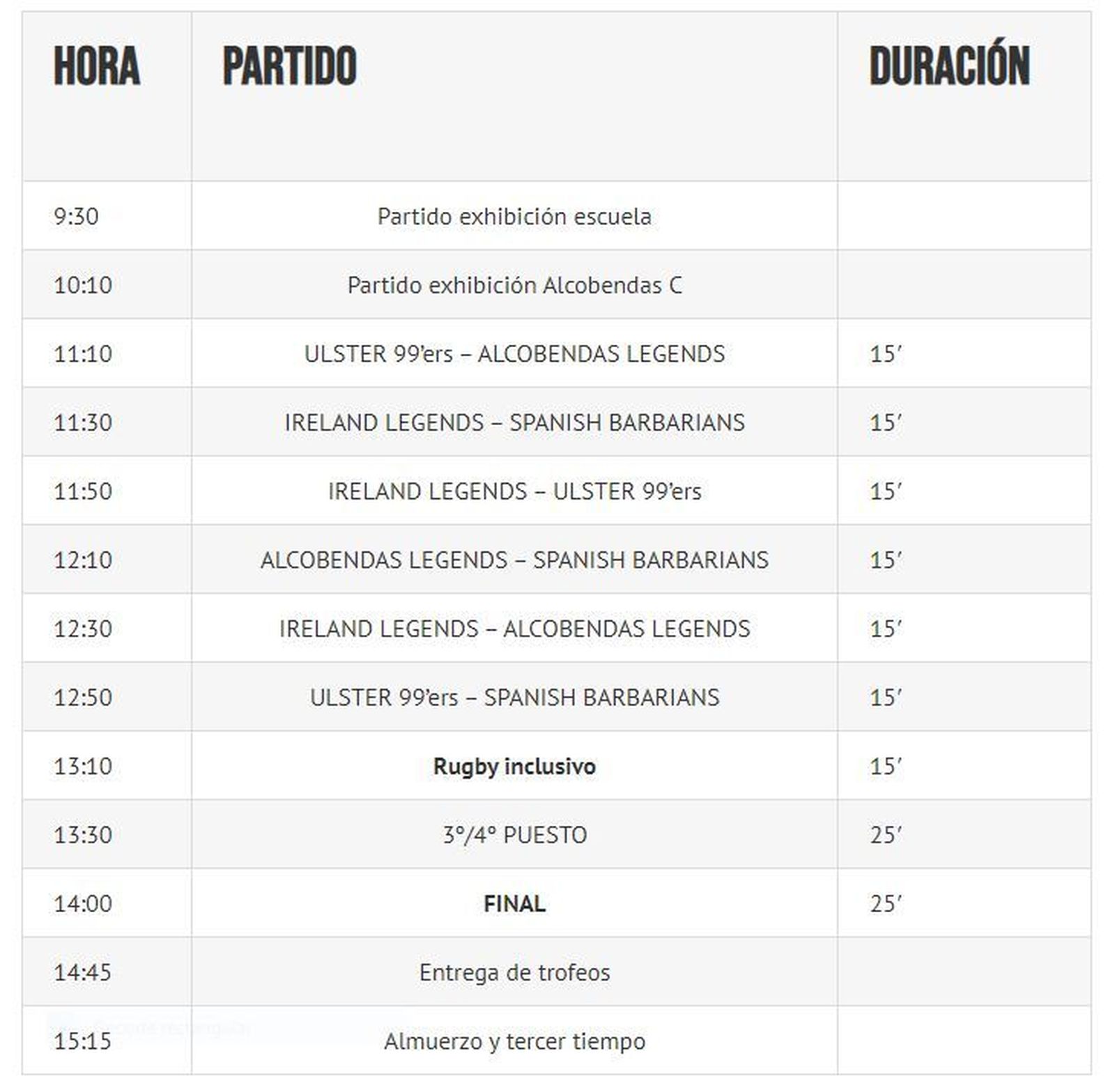 Horarios del Torneo Benéfico Alcobendas Rugby Legends Series
