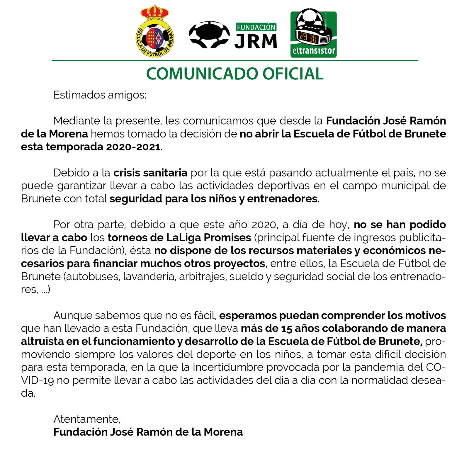 Comunicado de la Fundación José Ramón de la Morena