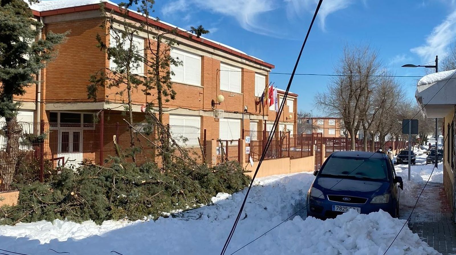 Ramas acumuladas junto a un colegio de Ciempozuelos