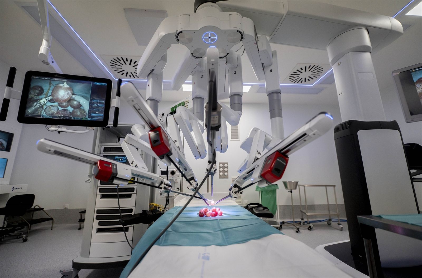 El robot Da Vinci manipula uvas de muestra en una de las salas del nuevo Centro Quirúrgico del Hospital público Gregorio Marañón,