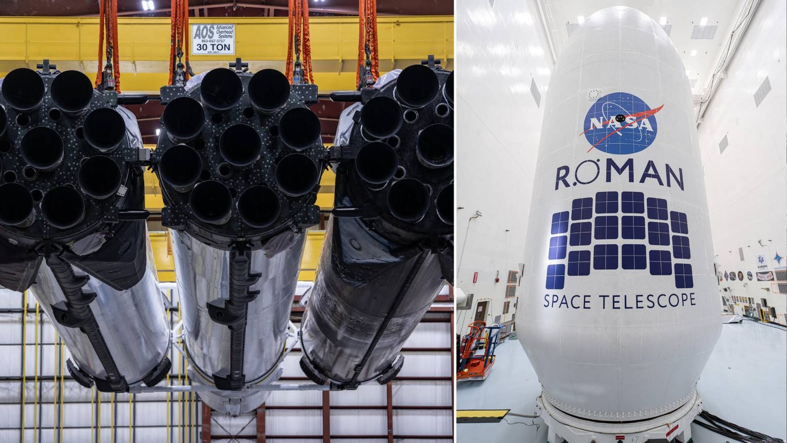 Telescopio Roman de la NASA (d) y cohete Falcon Heavy (i) con el qie se ha lanzado al espacio