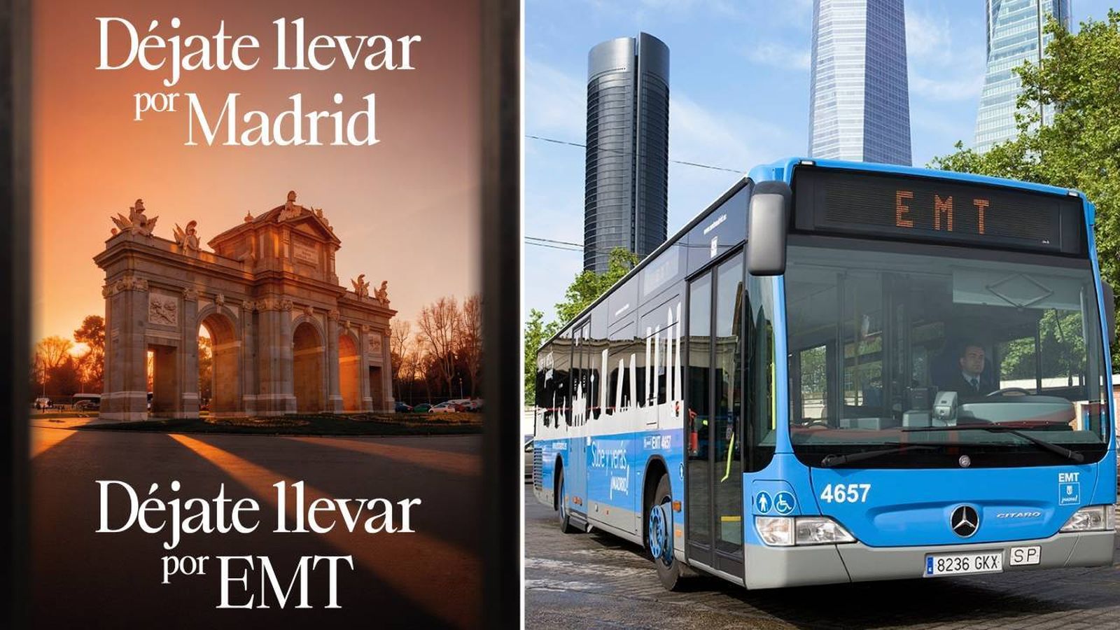 Montaje del cartel de la nueva campaña de la EMT y un autobús de la Empresa Municipal de Transportes