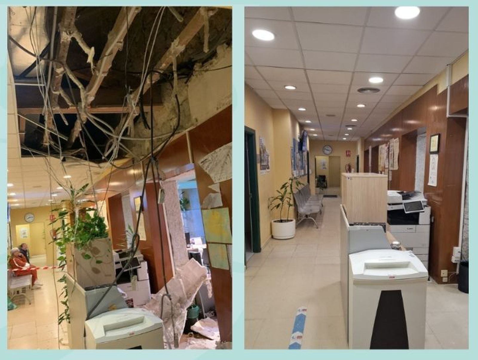 El techo desprendido en el centro de salud y su estado tras las reparaciones