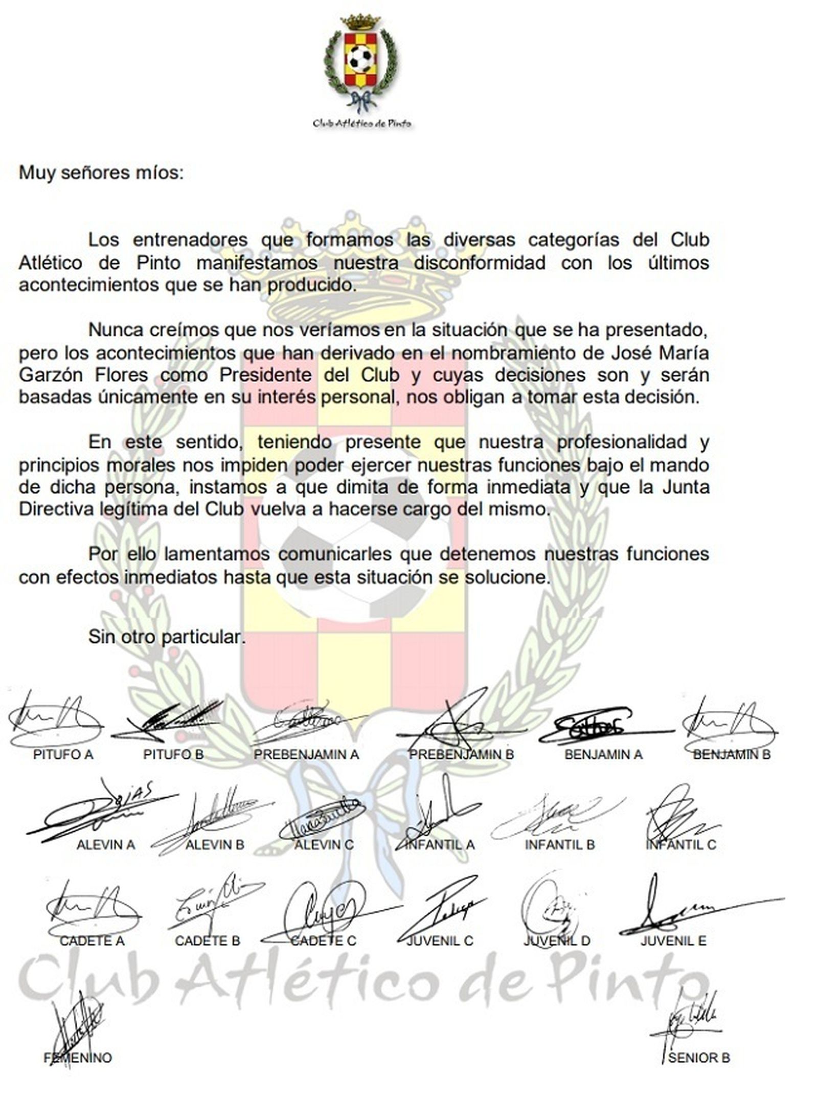 Comunicado de los entrenadores del Atlético de Pinto