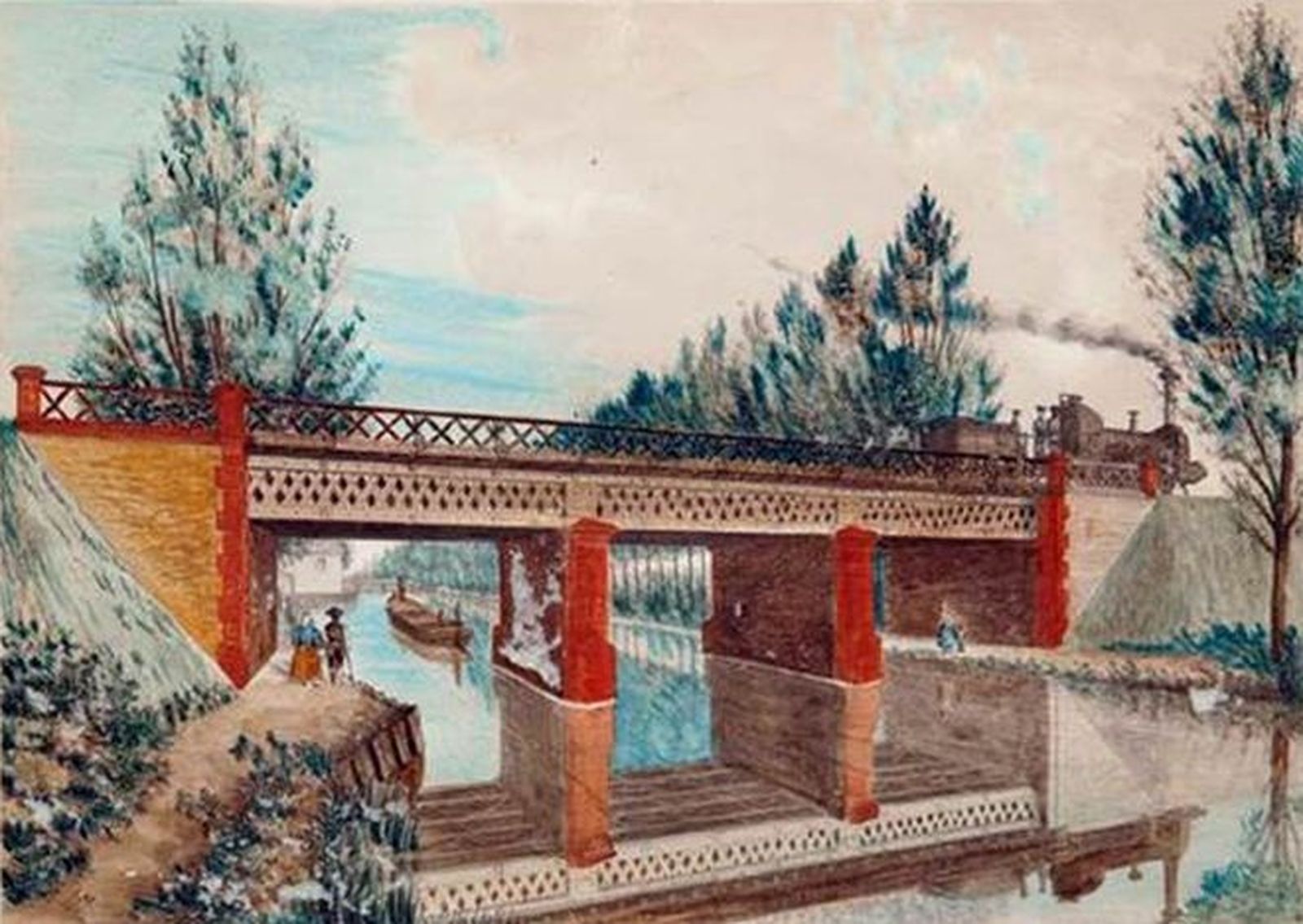 El ferrocarril de Madrid a Aranjuez salvando el paso sobre el río Manzanres