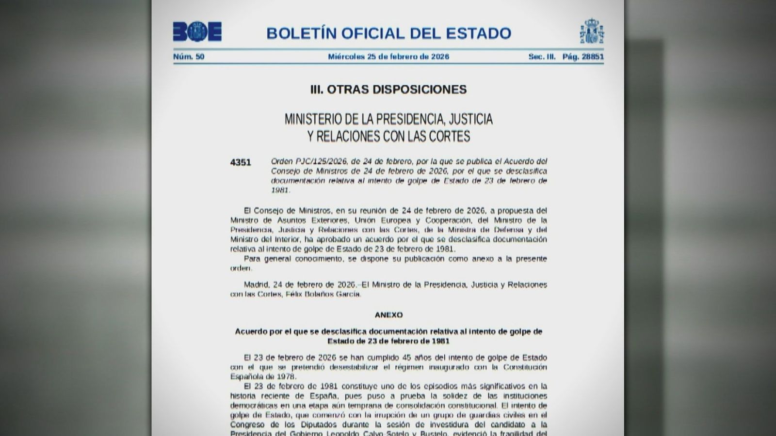 El BOE publica el acuerdo que desclasifica los documentos del golpe de Estado del 23-F
