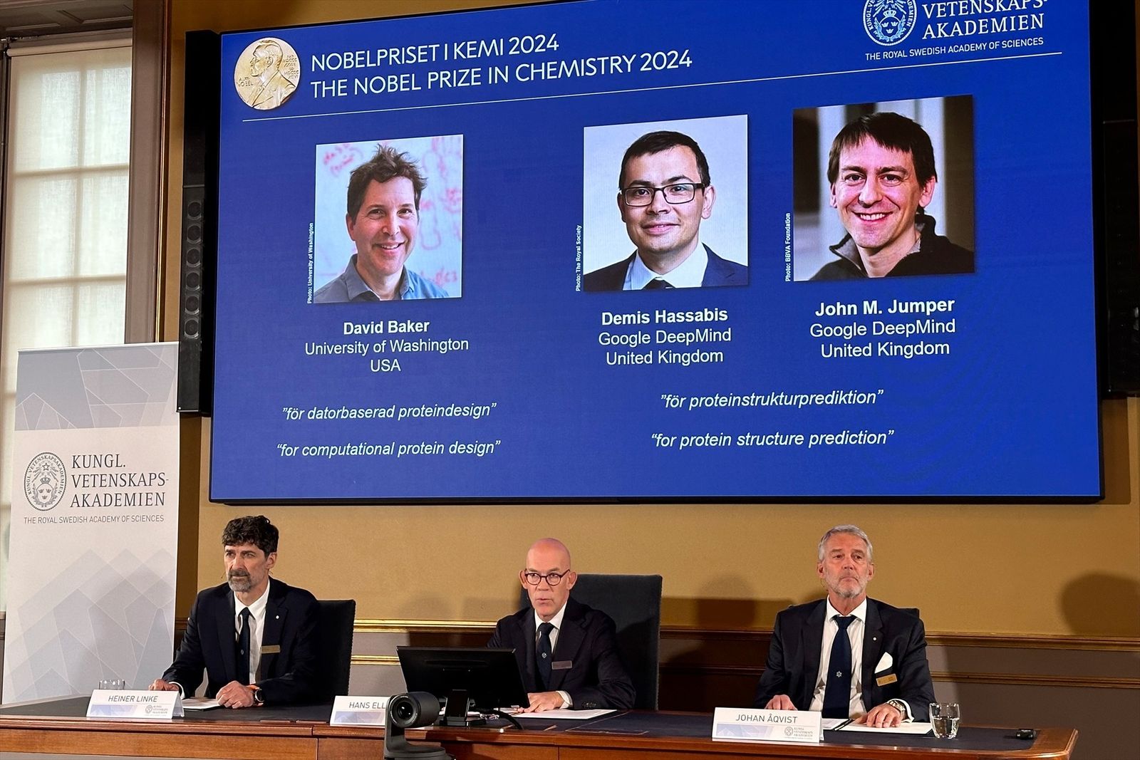Anuncio del Premio Nobel de Química para Demis Hassabis, John M. Jumper  y David Baker