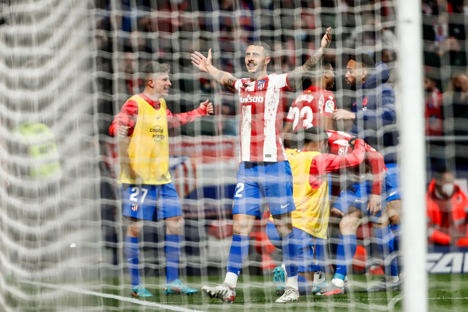 Mario Hermoso celebra el gol de la victoria atlética frente al Getafe
