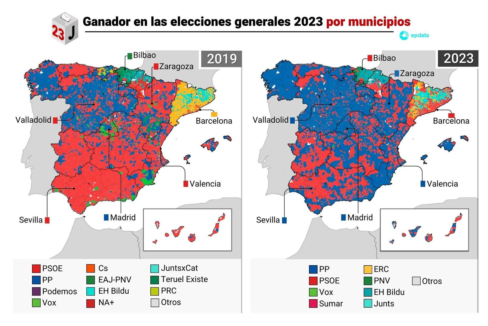 Mapas de los resultados de las elecciones generales del 23J por municipios
