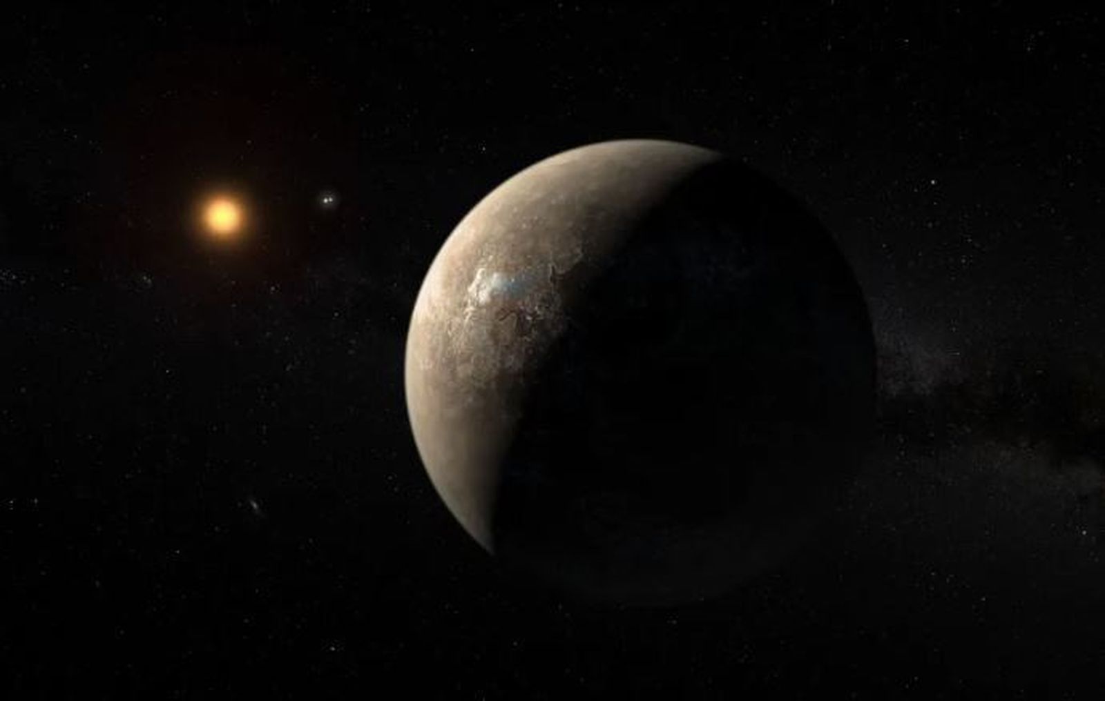 Recreación del planeta Próxima b orbitando la estrella enana roja Próxima Centauri