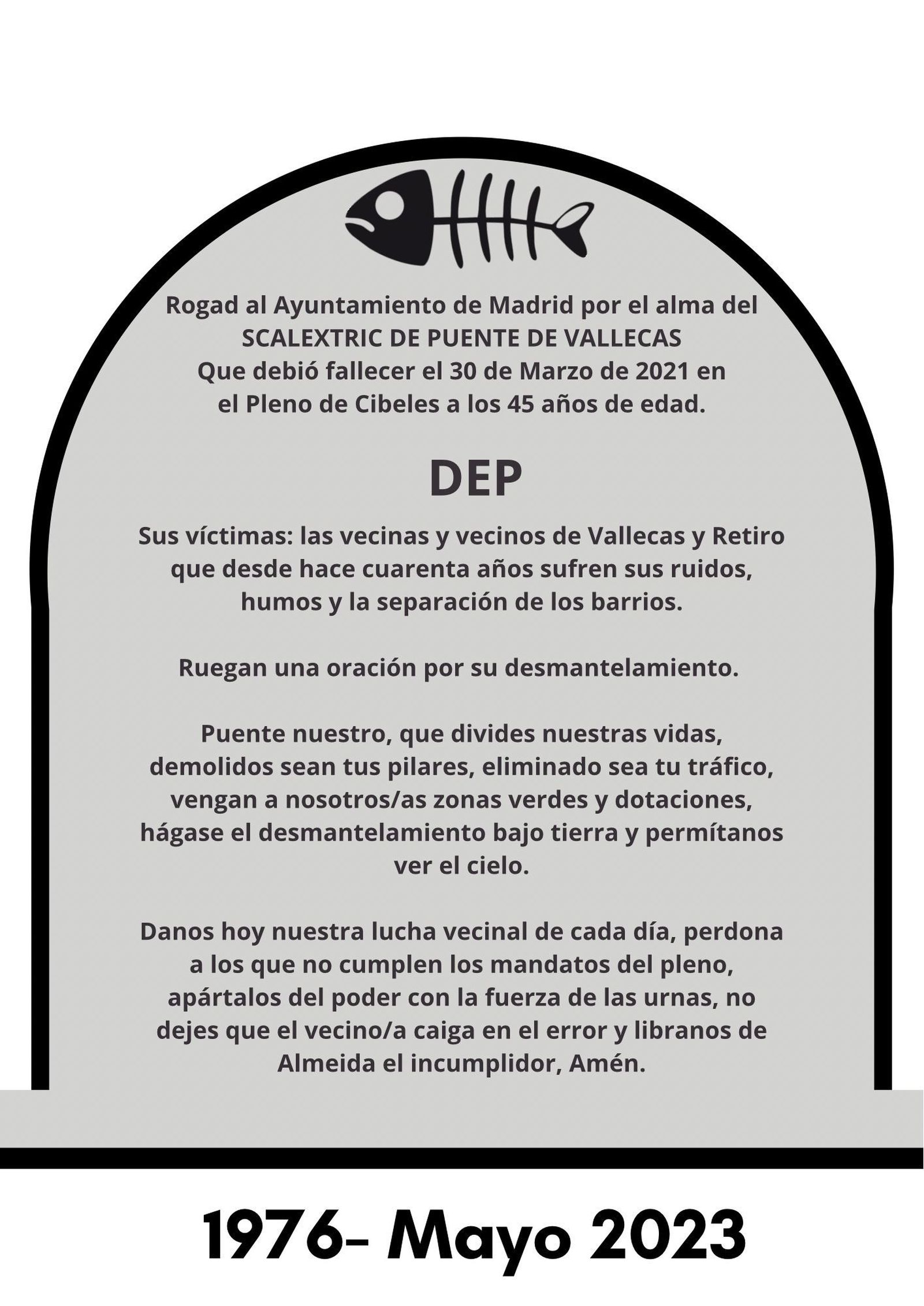 Esquela vecinal del entierro de la sardina en Retiro y Puente de Vallecas