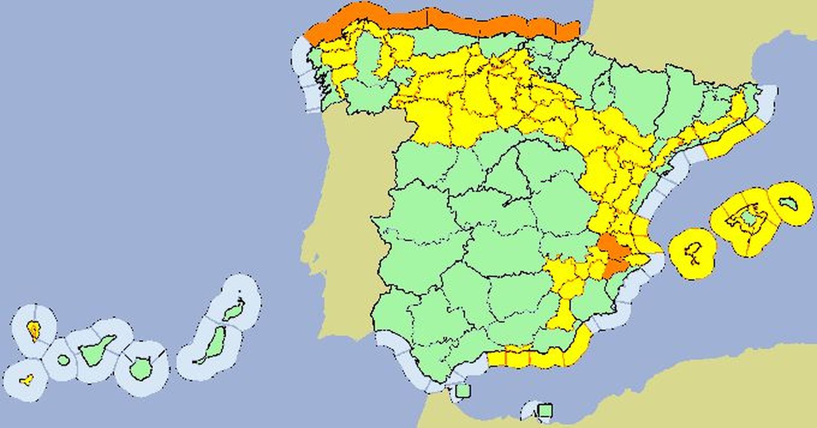 Mapa con los avisos de AEMET desde el jueves 21 de noviembre por el paso de la borrasca Caetano