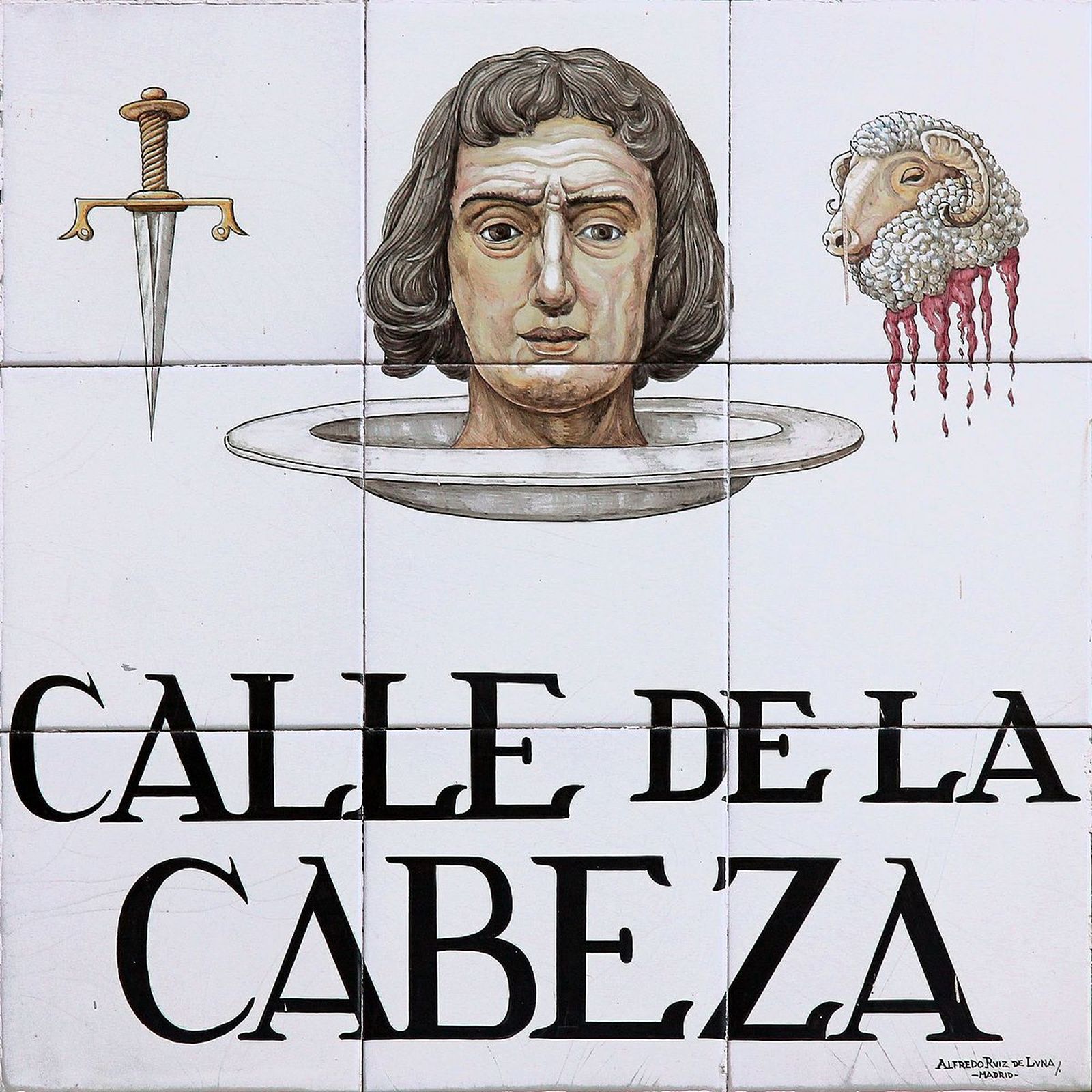 Placa de la Calle de la Cabeza, con la imagen del cura decapitado y el carnero