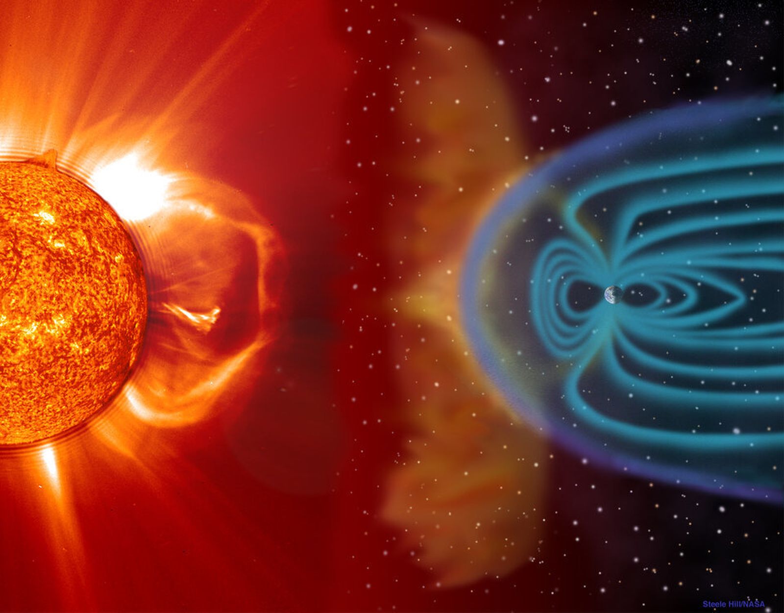 Ilustración de la interacción entre una eyección solar y el campo magnético terrestre