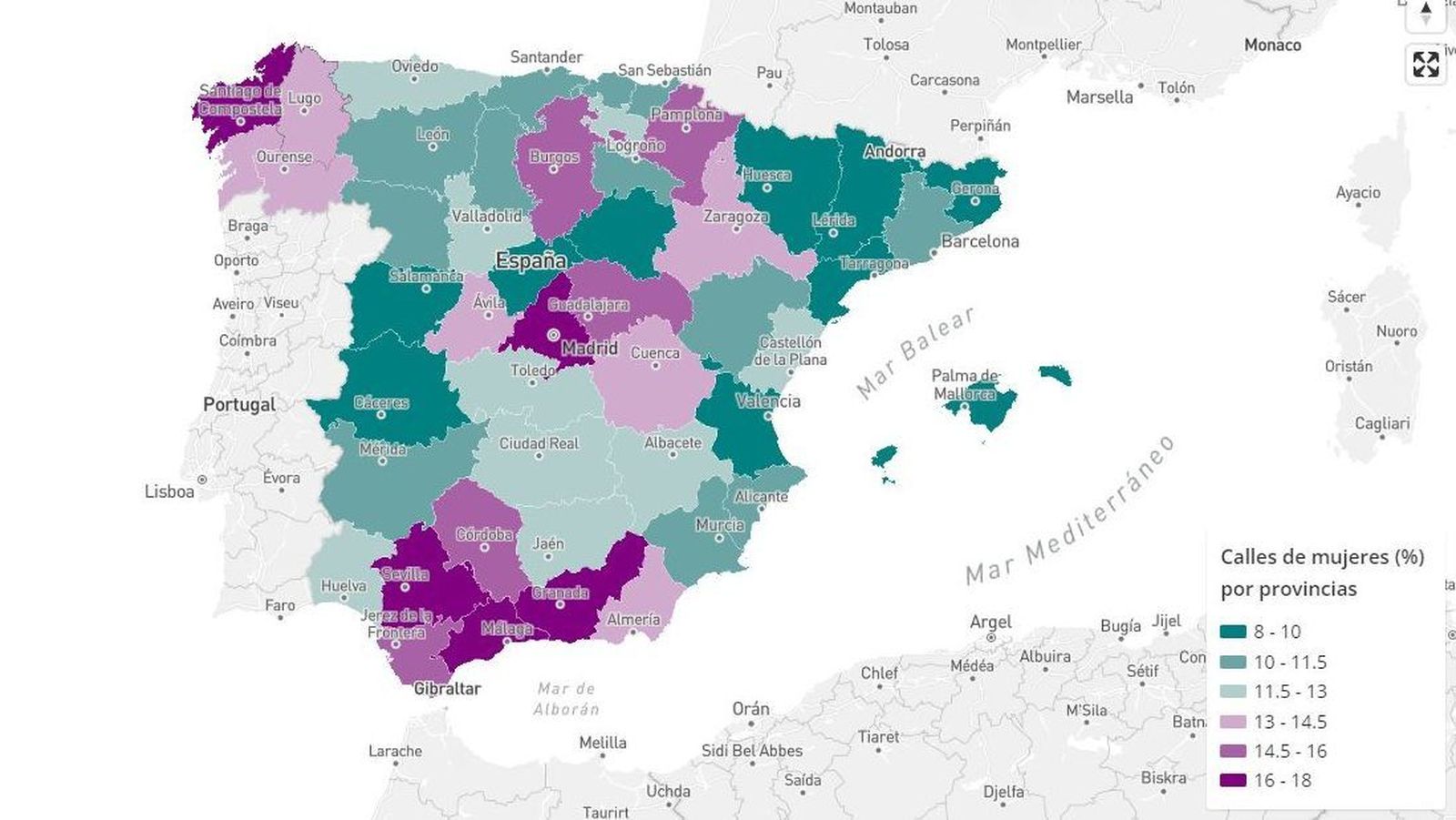 Mapa de España según los nombres de mujer del callejero