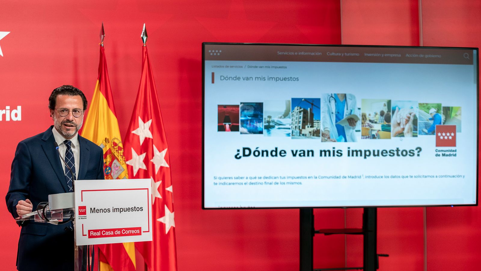El consejero de Economía, Hacienda y Empleo de la Comunidad de Madrid, Javier Fernández-Lasquetty, interviene durante la presentación de la calculadora interactiva de impuestos, en la Real Casa de Correos