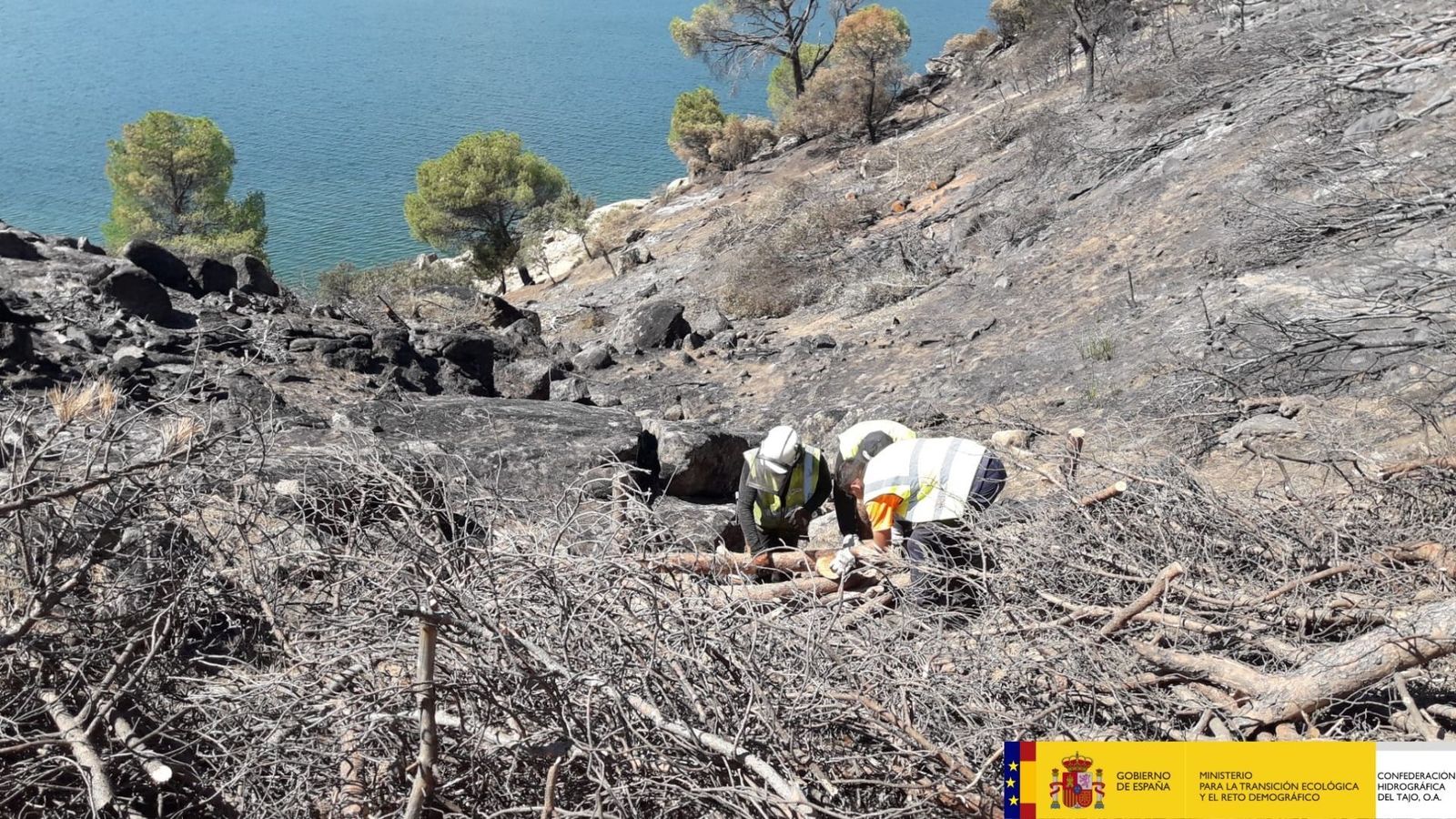 Operarios de la Confederación del Tajo, en tareas para evitar la erosión del suelo incendiado en el Pantano de San Juan