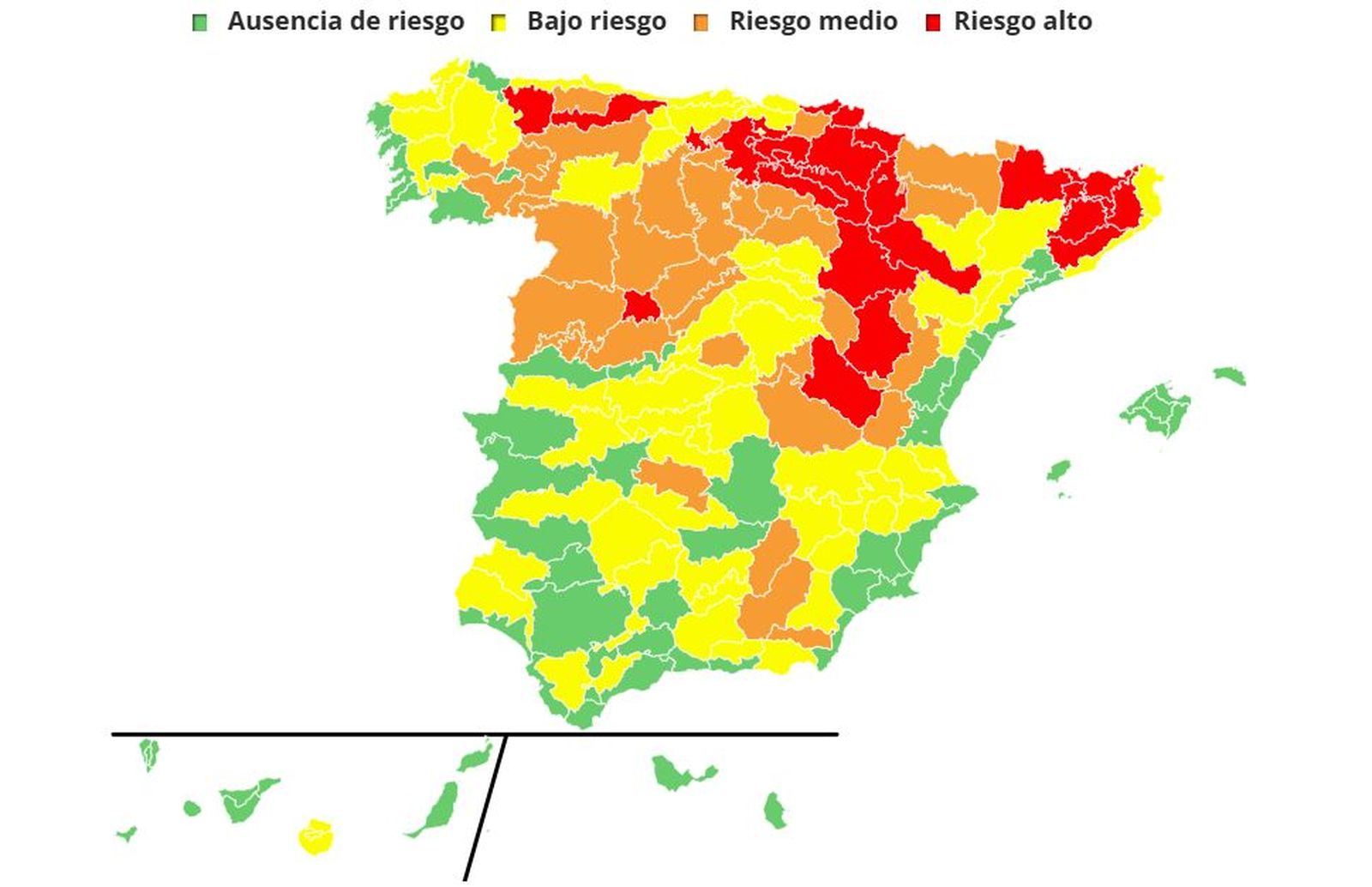 Mapa de Aemet con la previsión de niveles de riesgo para la salud para el 28 de julio de 2026