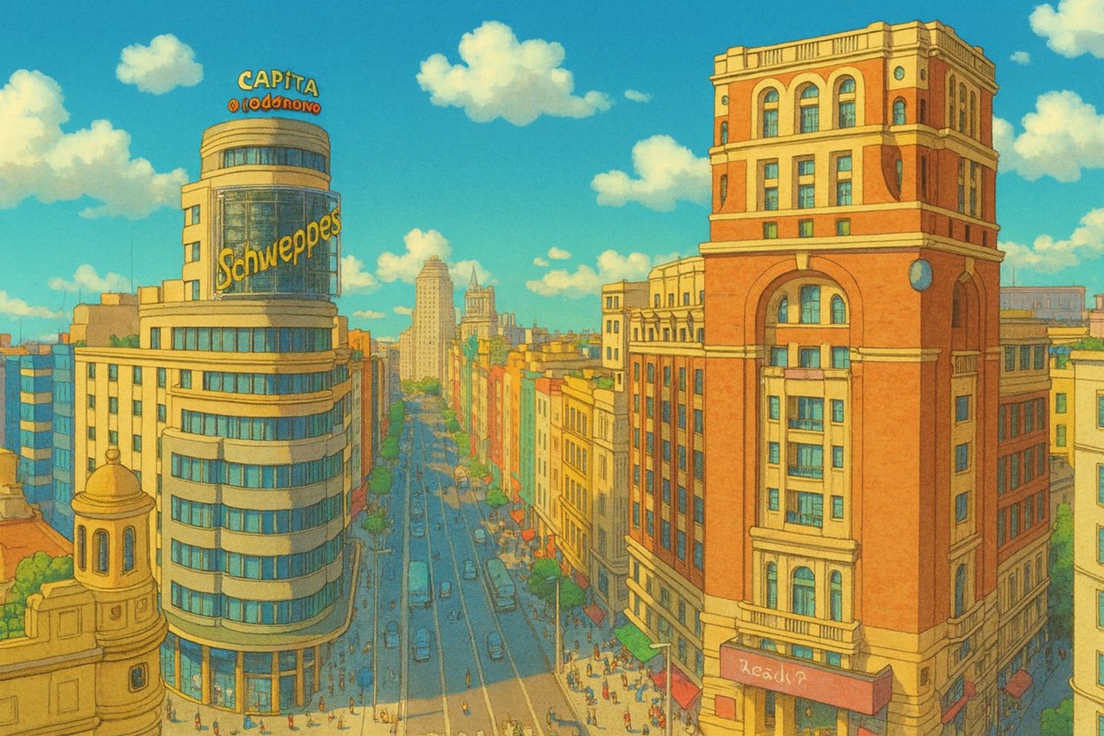 Imagen de la Gran Vía de Madrid con estilo de animación japonesa