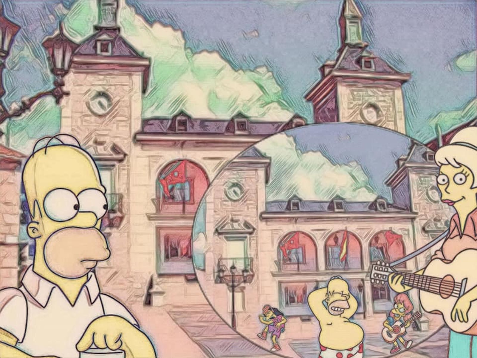 Plaza de Alpedrete en un fotomontaje con Los Simpson